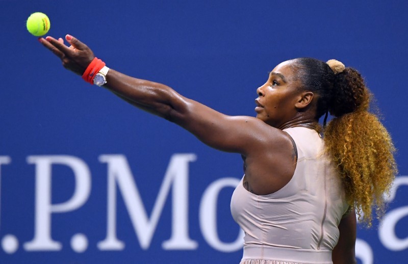 Sep 10, 2020; Flushing Meadows, New York, USA; Serena Williams of the United States serves the ball against Victoria Azarenka of Belarus in the women's singles semifinals match on day eleven of the 2020 U.S. Open tennis tournament at USTA Billie Jean King National Tennis Center. Mandatory Credit: Robert Deutsch-USA TODAY Sports